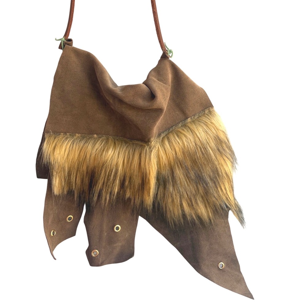 Handmade Brown Suede Faux Fur Crossbody Bag Bohemian Viking Style Grommet Detail